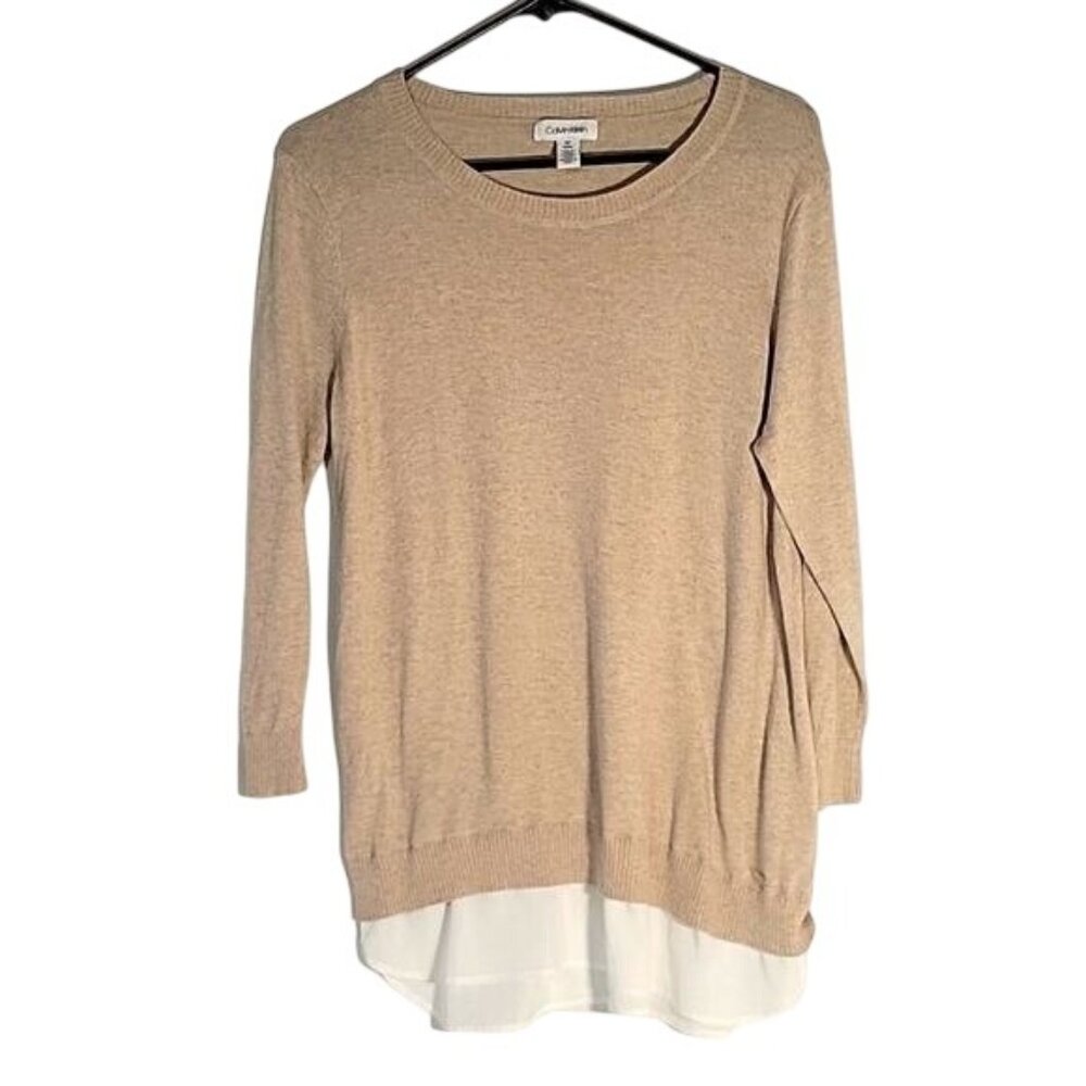 Calvin Klein Beige Sweater With Sheer White Hem Womens M‎ Cotton/Viscose Blend